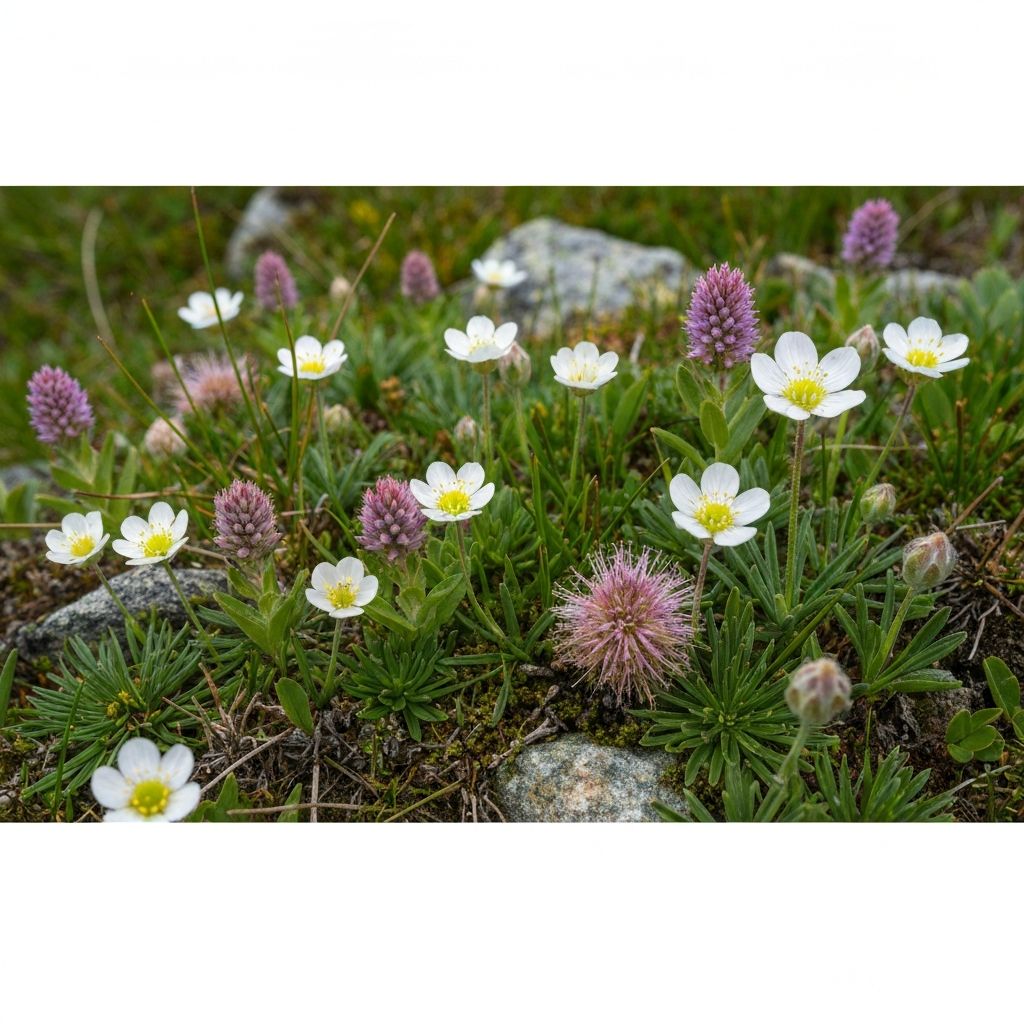 Mountain flora diversity showing different alpine plants and flowers in natural habitat